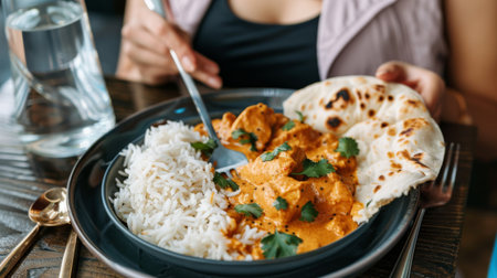 Woman enjoying a plate of aromatic Indian butter chicken (murgh makhani) with naan bread and riceの素材