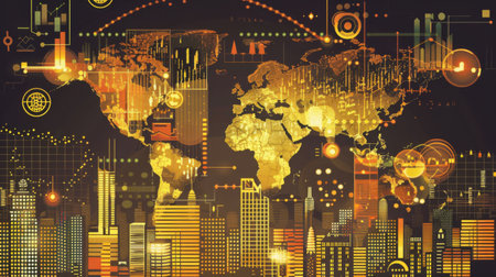 A gold market infographic illustrating factors affecting gold prices, such as inflation, interest rates, and geopolitical tensions.の素材