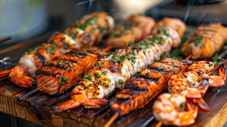 A seafood barbecue featuring grilled lobster tails, skewered shrimp, and cedar-planked salmon fillets.の素材