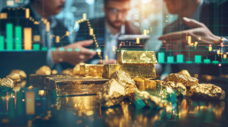 A group of investors discussing gold market dynamics and trading strategies, with charts and graphs in the background.の素材
