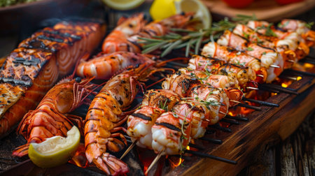 A seafood barbecue featuring grilled lobster tails, skewered shrimp, and cedar-planked salmon fillets.の素材