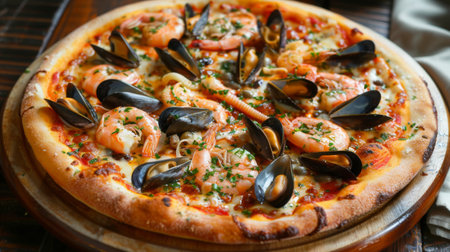 A seafood pizza topped with shrimp, mussels, squid, and a medley of fresh herbs and cheeses.の素材