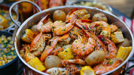 A seafood boil served in a large pot, featuring crab, shrimp, corn, and potatoes seasoned with Cajun spices.の素材