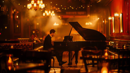 A pianist performing in a dimly lit jazz club, creating an intimate atmosphere with soulful melodies.の素材