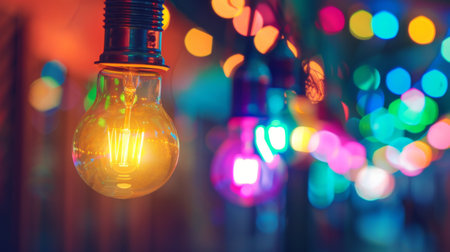 A row of colorful light bulbs hanging from a ceiling, creating a festive and vibrant atmosphere.の素材
