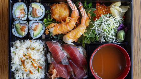A seafood bento box filled with sushi, sashimi, tempura shrimp, and seaweed salad, served with miso soup.の素材