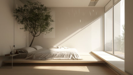 A minimalist bedroom with a large window, allowing natural light to illuminate the space, creating a tranquil ambiance.の素材