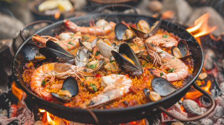 A seafood paella cooking over an open flame, filled with mussels, clams, prawns, and squid.の素材