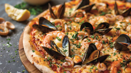 A seafood pizza topped with shrimp, mussels, squid, and a medley of fresh herbs and cheeses.の素材