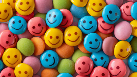Colorful smiling candies arranged in a vibrant pattern, spreading joy and sweetness.の素材