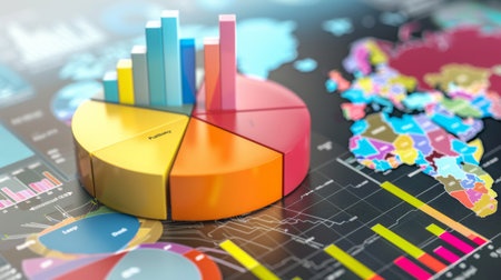 Colorful pie chart illustration highlighting product revenue breakdown by geographical region.の素材