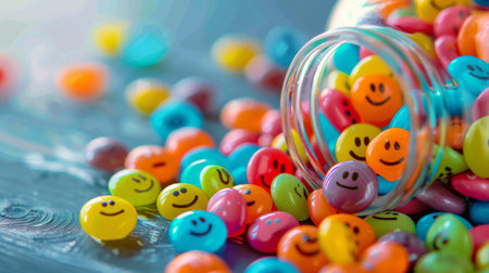 Colorful assortment of smiling candies spilling out of a candy jar, creating a cheerful scene.の素材