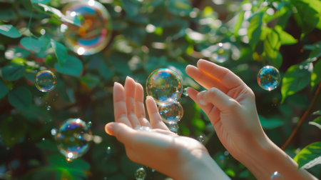 Hands holding a bubble wand against a backdrop of greenery, preparing to create shimmering bubbles in natureの素材