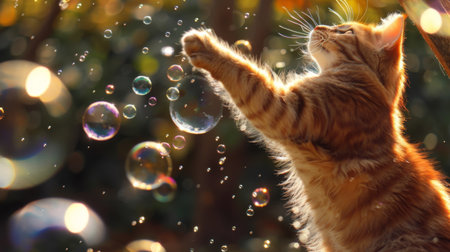 Playful cat batting at bubbles with its tail, displaying agility and coordination.の素材