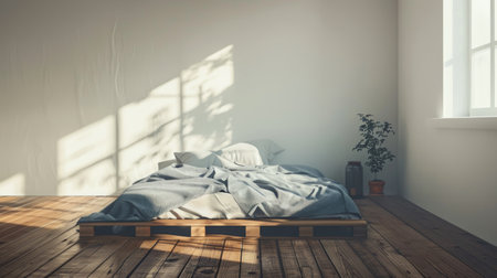 Minimalist bedroom decor with a cozy platform bed, clean lines, and clutter-free surfaces for relaxation.の素材