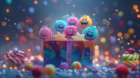 Smiling candy characters popping out of a gift box, symbolizing happiness and surprise.の素材