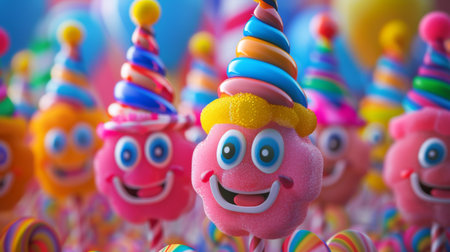 Smiling candy mascots with party hats, ready to celebrate special occasions with sweetness and joy.の素材