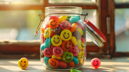 Jar filled with smiling candies, inviting viewers to enjoy a sugary and uplifting snack.の素材