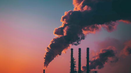 Smoke rising from a factory chimney at sunset, highlighting the impact of industry on the environment.の素材