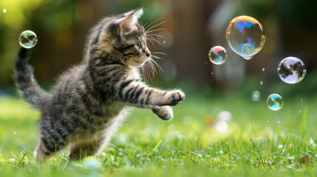 Playful kitten chasing bubbles on a grassy lawn, with boundless energy and enthusiasm.の素材