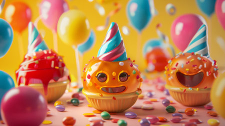 Smiling candy mascots with party hats, ready to celebrate special occasions with sweetness and joy.の素材