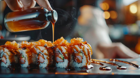 Sushi chef adding finishing touches to a sushi roll with a drizzle of sauce, enhancing flavor and presentation.の素材