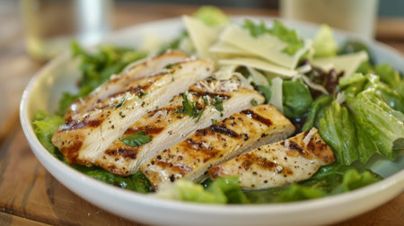 A classic Caesar salad topped with grilled chicken, crisp Romaine lettuce, Parmesan cheese, and Caesar dressing.の素材