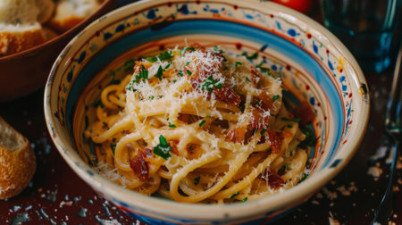 A colorful bowl of creamy spaghetti carbonara garnished with crispy pancetta and grated Parmesan cheese.の素材