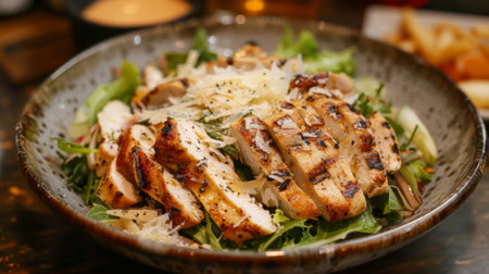 A classic Caesar salad topped with grilled chicken, crisp Romaine lettuce, Parmesan cheese, and Caesar dressing.の素材