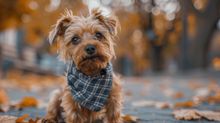 A cute dog wearing a stylish bandana, posing for the camera on a walk.の素材