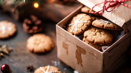 A box of homemade cookies wrapped in festive paper, ready for gifting.の素材