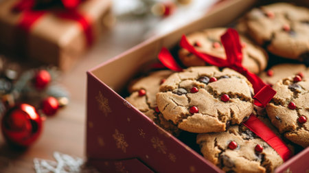 A box of homemade cookies wrapped in festive paper, ready for gifting.の素材