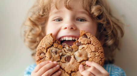 A child holding a giant cookie with a big bite taken out of it, looking delighted.の素材
