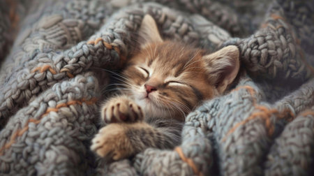 A cute kitten curled up in a cozy blanket, fast asleep with its paw over its nose.の素材