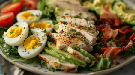 A colorful Cobb salad packed with fresh greens, grilled chicken, avocado, bacon, and hard-boiled eggs.の素材