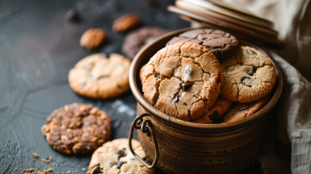 A cookie jar filled with a variety of homemade cookies, lid slightly open.の素材