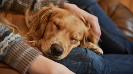 A cute dog curled up on a lap, being gently petted by its owner.の素材