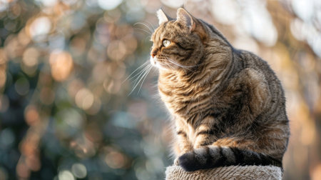 A fat cat sitting majestically on a scratching post, surveying its kingdom.の素材