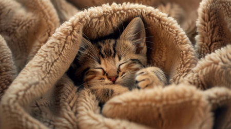 A cute kitten curled up in a cozy blanket, fast asleep with its paw over its nose.の素材