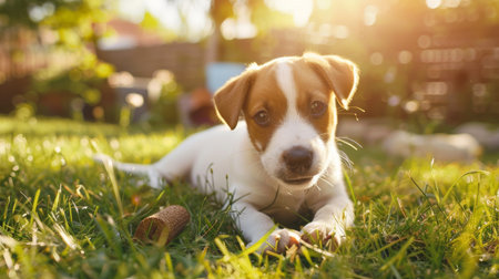 A cute puppy playing with a chew toy in a sunny backyard, tail wagging happily.の素材