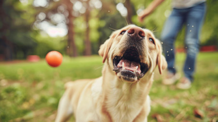 A dog with a happy expression playing fetch with its owner in a park.の素材