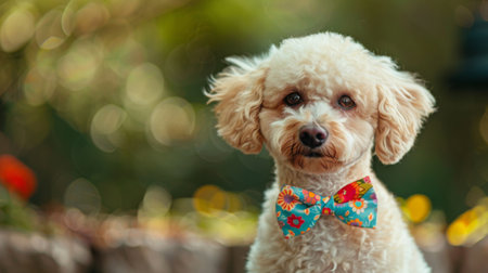 A cute dog with a colorful bow tie, looking dapper and well-groomed.の素材