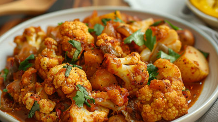 A flavorful plate of aloo gobi, a spicy cauliflower and potato curry cooked with tomatoes and spices.の素材