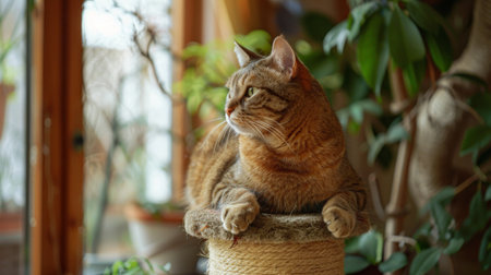 A fat cat sitting majestically on a scratching post, surveying its kingdom.の素材