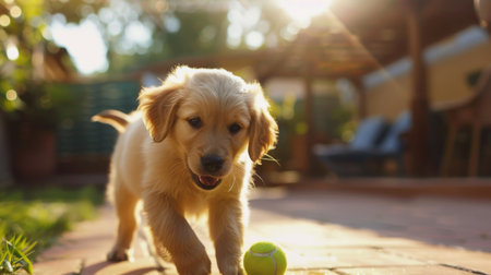 A fluffy golden retriever puppy playing with a tennis ball in a sunny backyard.の素材