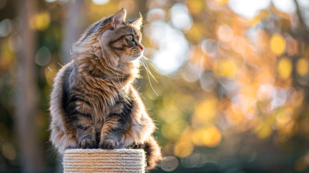 A fat cat sitting majestically on a scratching post, surveying its kingdom.の素材