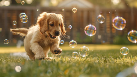 A puppy chasing bubbles in a backyard, with ears flopping and tail wagging in pure delight.の素材