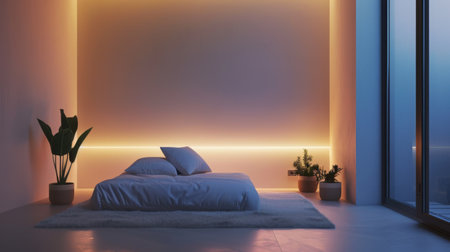 A minimalist bedroom with a cozy reading nook, soft lighting, and minimalistic decor for relaxation and meditation.の素材