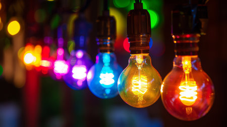 A row of colorful light bulbs hanging from a ceiling, creating a festive and vibrant atmosphere.の素材