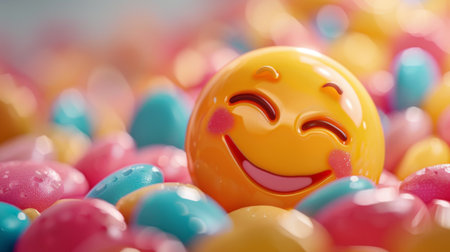 Close-up of a smiling candy character winking playfully, adding personality to sweet confections.の素材